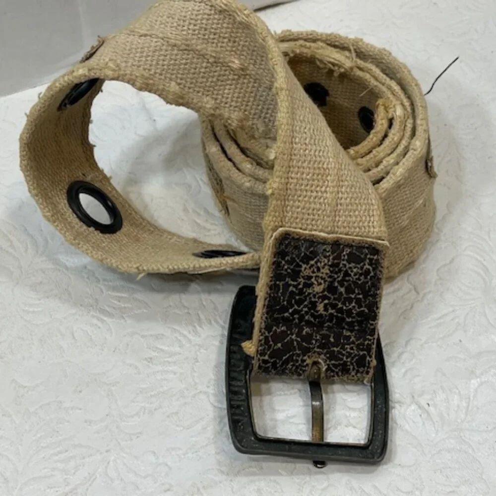 Beige Distressed Canvas Faux Leather Accents Metal Grommet Holes Belt 37